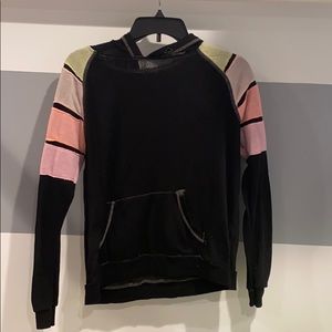 Black, light, hoodie with multicolored sleeves.